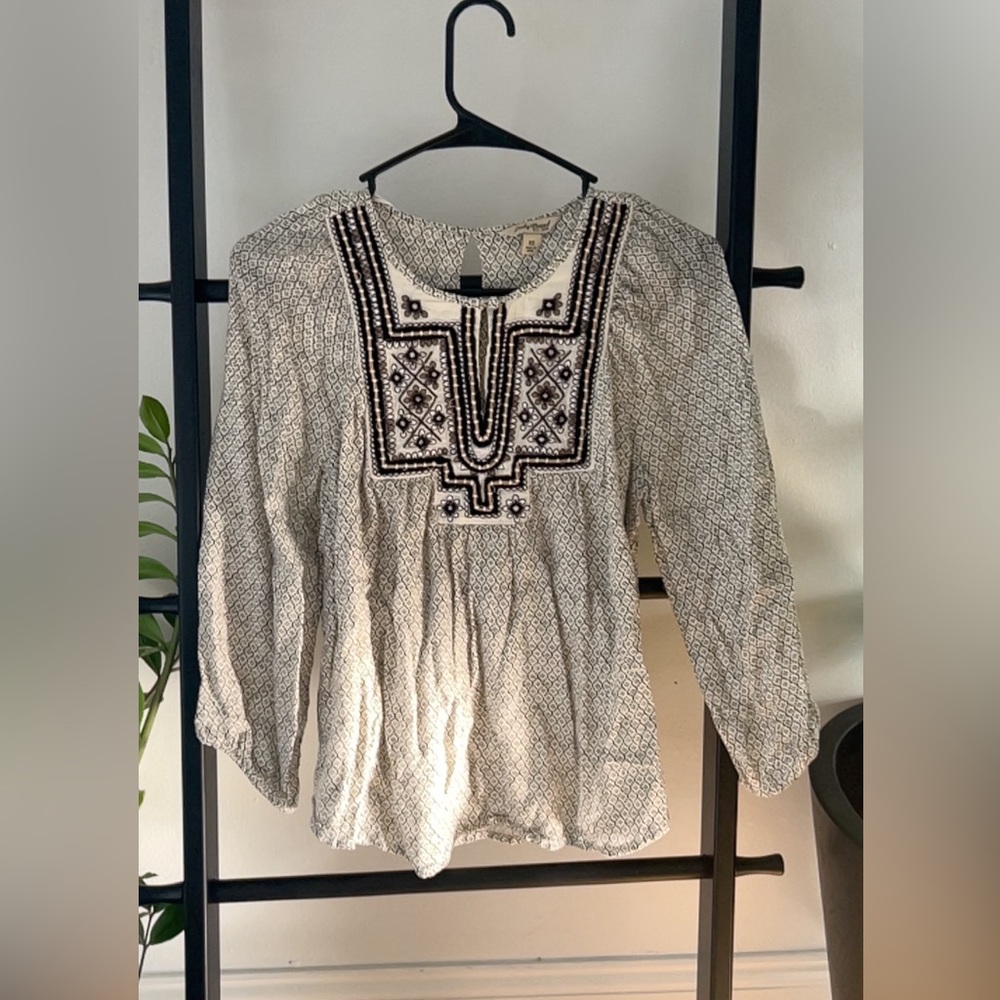 Lucky Brand Cream and Black Embroidered Top